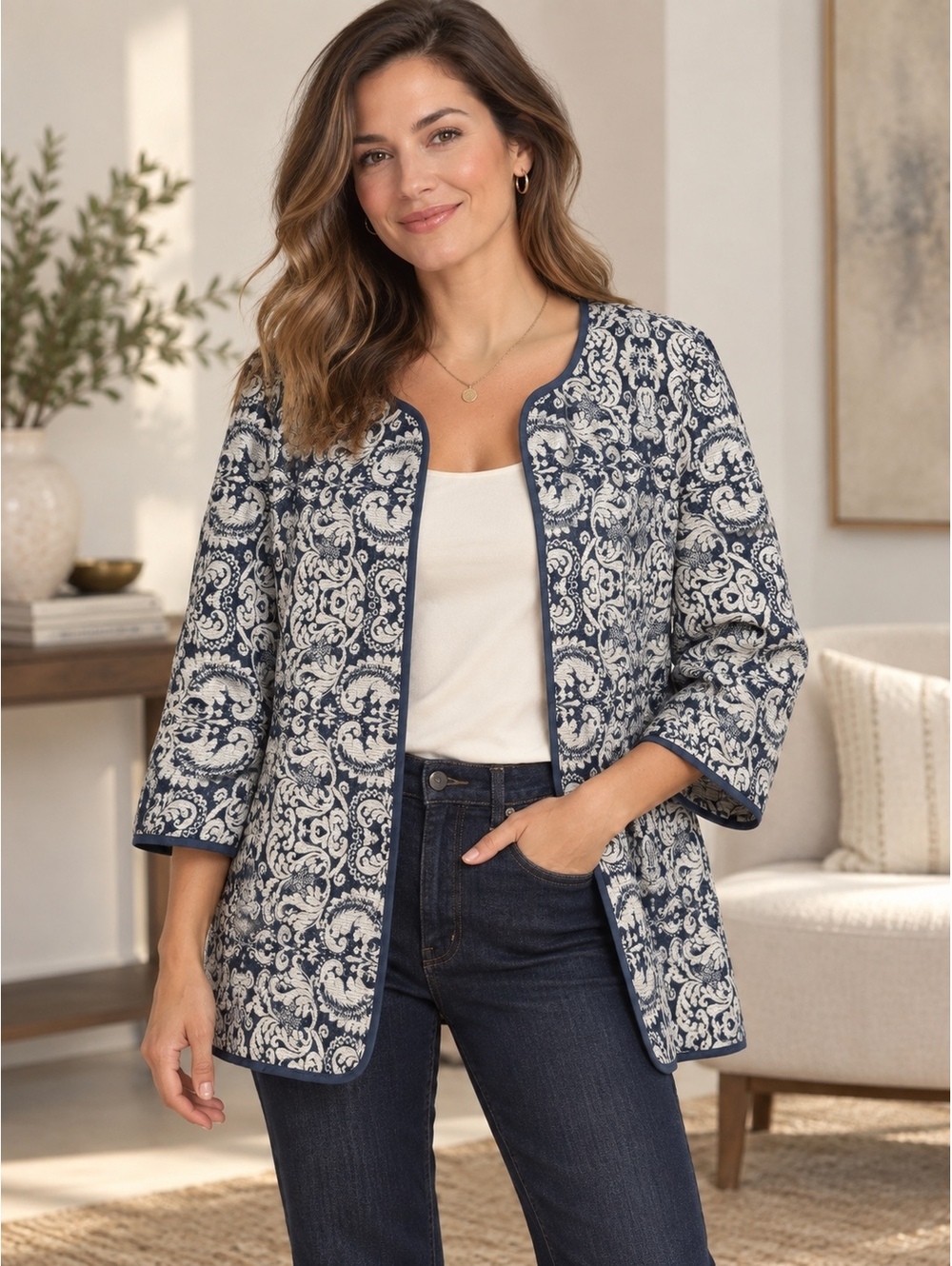 Coldwater Creek Women’s Blue Ivory Jacquard Paisley Jacket